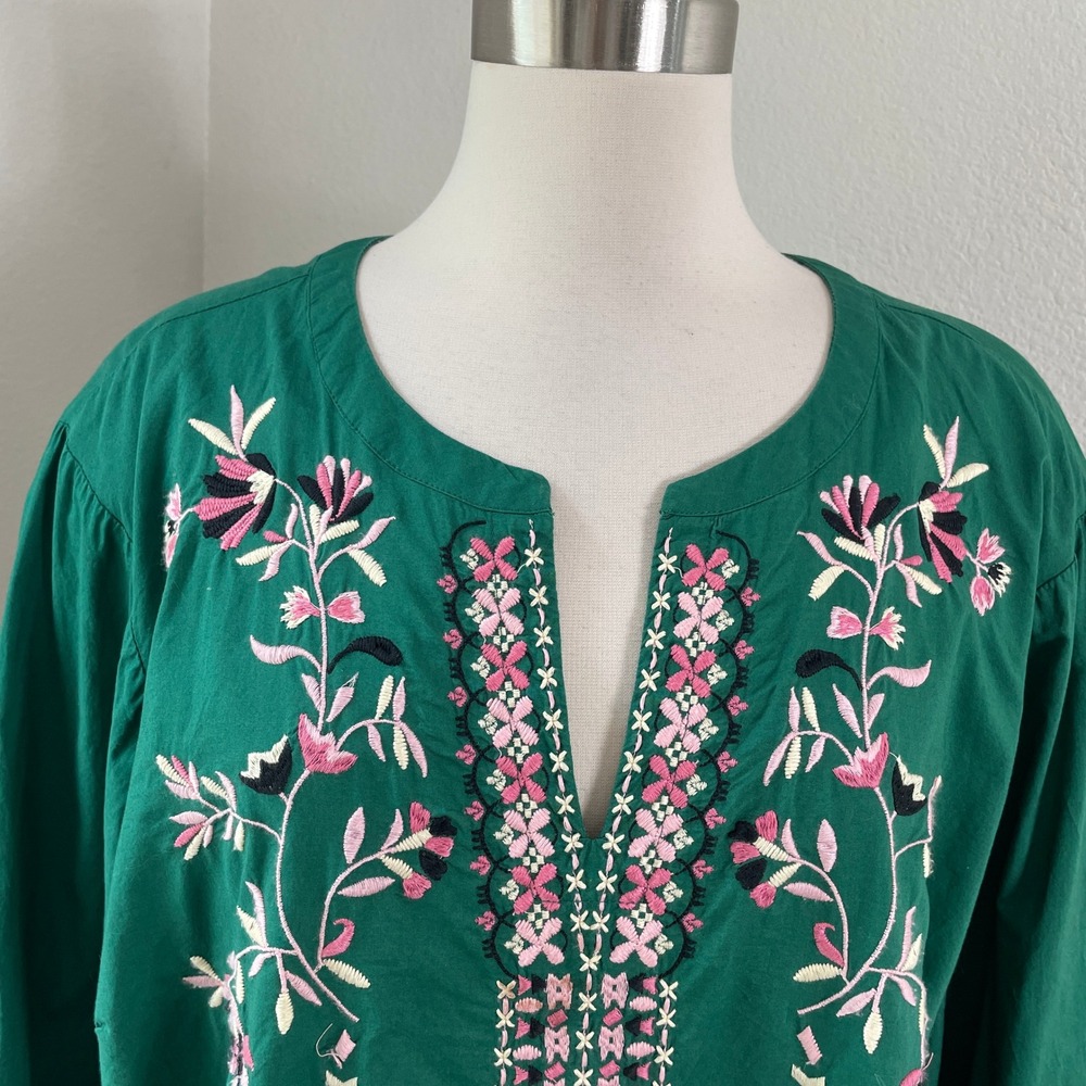 J Jill Womens Plus 2X Green Floral Embroidered Tunic Top Shirt Long Sleeve - Picture 2 of 8